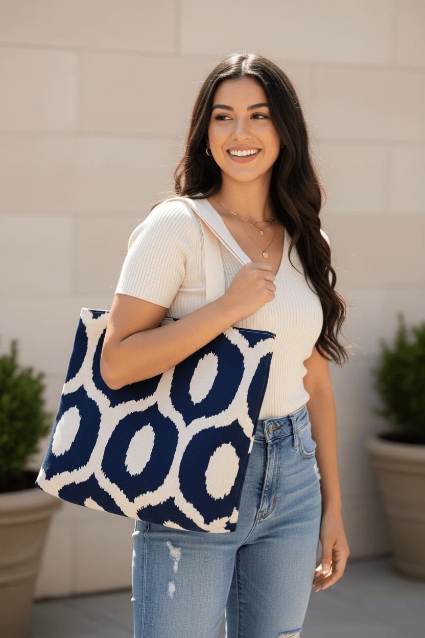 Navy Circles Embroidered Canvas Tote - Serendipia Simple Crafts