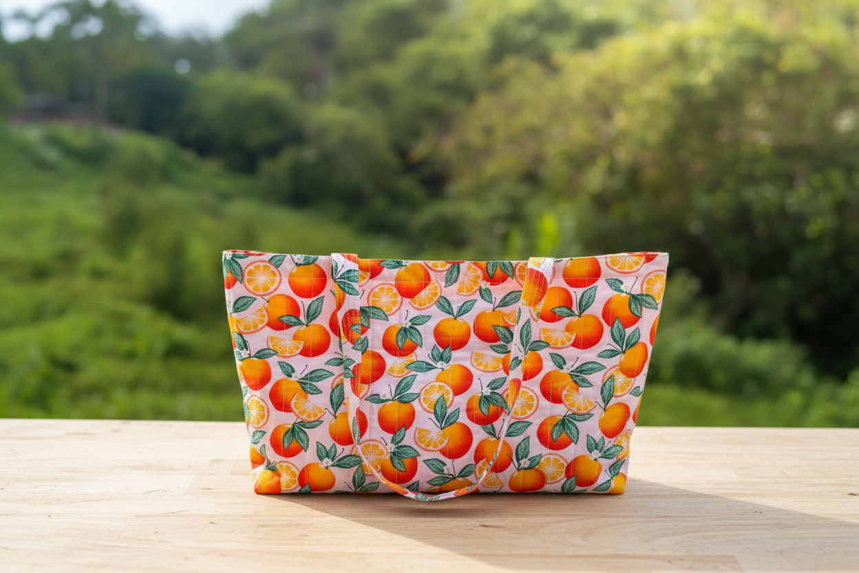 Tote bag cítrico con fondo tropical natural